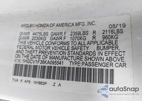 2019 Honda Accord Sport from USA, damaged, VIN 1HGCV1F36KA095541